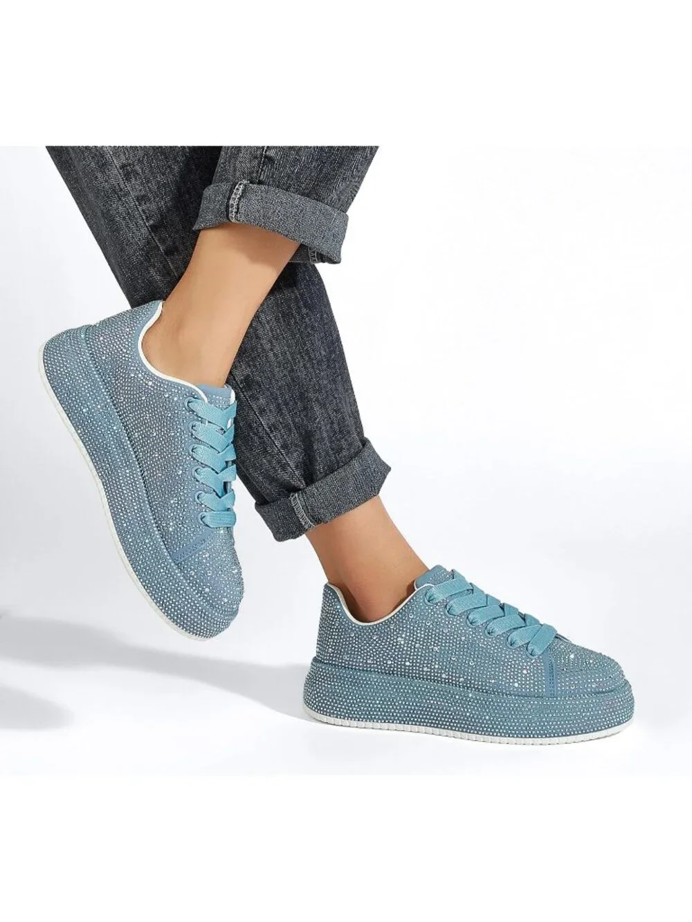 🆕Women's Blue Sparkly Glitter Bling Tennis Rhinestone Platform Sneakers